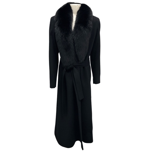 FLEURETTE BLACK FOX FUR SHAWL COLLAR LONG WOOL COAT WITH BELT - Picture 1 of 8